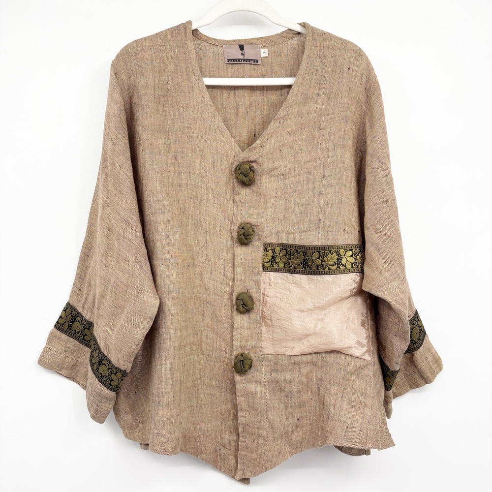 Crunch Womens Linen Lagenlook Boho Artistic Art Deco Knot Button Jacket Tan 2